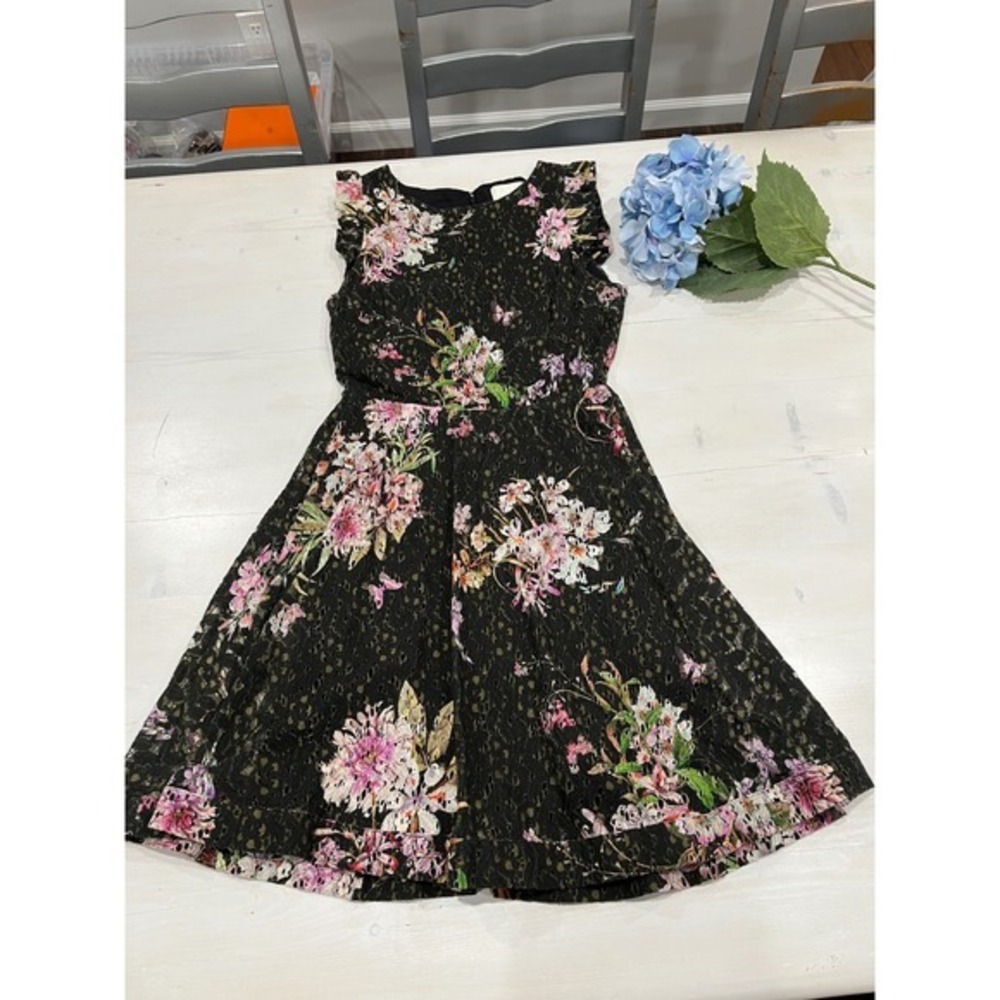 Eri‎ + Ali Floral Print Ruffle Sleeveless Black Lined dress Size 6